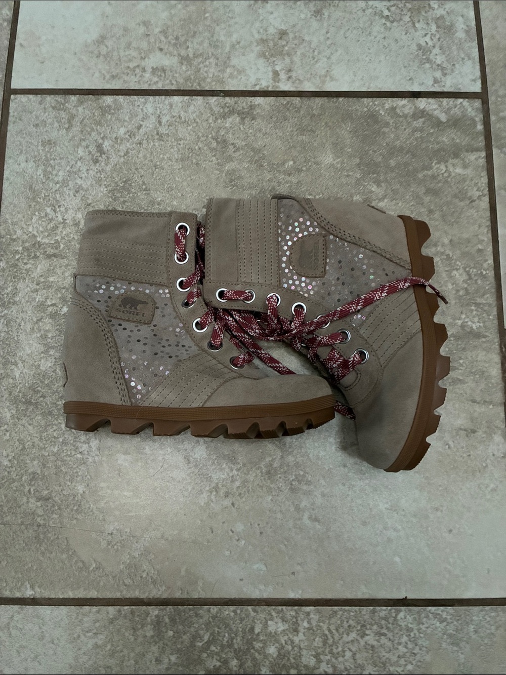 Sorel Taupe Suede Kids Lace-Up Boots with Pink Accent Laces
